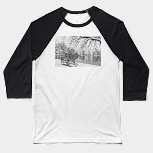 Snowy Benches by the Lake Baseball T-Shirt